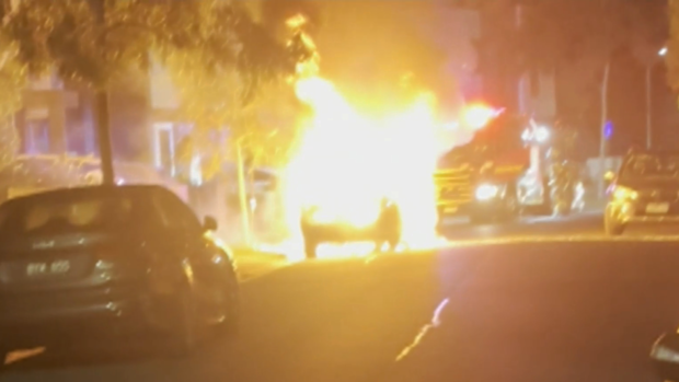 A nearby house was saved, but two cars were destroyed.
