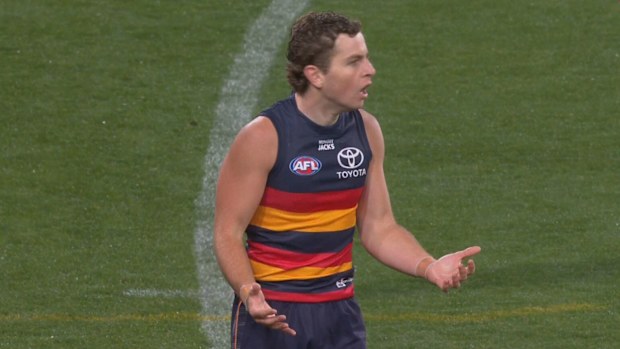 El jugador de los Crows, Zac Taylor, reacciona a la llamada perdida.