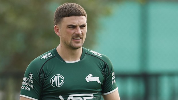 SYDNEY, AUSTRALIA - MAY 06: Lewis Dodd of the Rabbitohs looks on before a South Sydney Rabbitohs NRL training session at USANA Rabbitohs Centre on May 06, 2025 in Sydney, Australia. (Photo by Darrian Traynor/Getty Images)