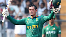 Quinton de Kock of South Africa  celebrates after scoring a hundred.