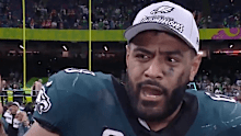 Jordan Mailata is interviewed after his Super Bowl victory.
