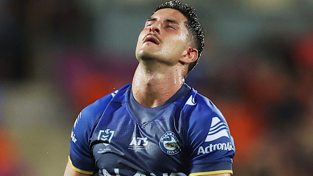 Dylan Brown reacts during  Parramatta Eels loss to the Dolphins.