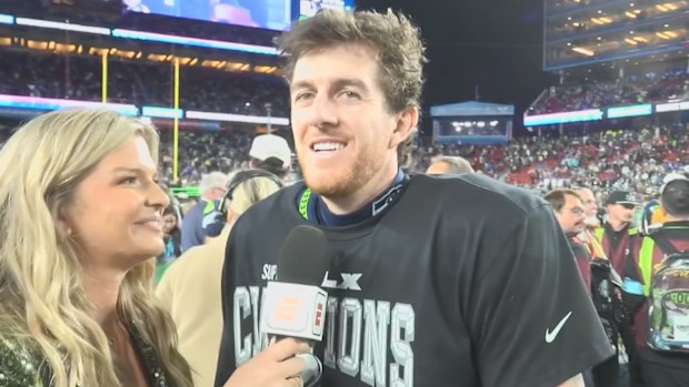 Michael Dickson, Seattle Super Bowl champion, speaks after the game.