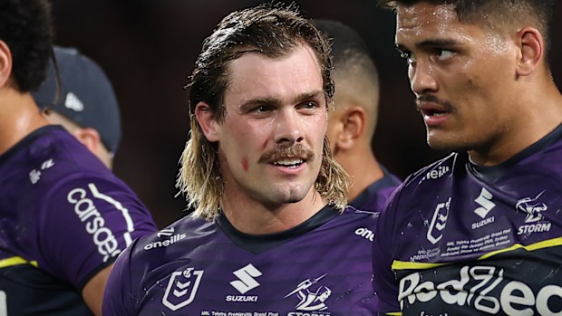 SYDNEY, AUSTRALIA - OCTOBER 05: Ryan Papenhuyzen of the Storm reacts after a Broncos try during the NRL Grand Final match between the Melbourne Storm at Brisbane Broncos at Accor Stadium on October 05, 2025, in Sydney, Australia. (Photo by Cameron Spencer/Getty Images)