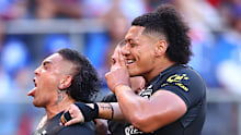 Erin Clark celebrates scoring his go-ahead try for New Zealand.