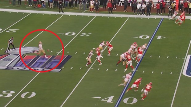 Aussie player Mitch Wishnowsky punts in the Super Bowl.