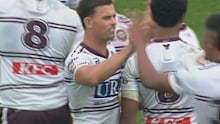 Sea Eagles half Joey Walsh celebrates their pre-season win over the Warriors.