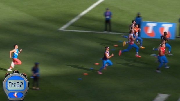Harry Garside (L) is seen at the back of the heat in the grand final half time sprint.