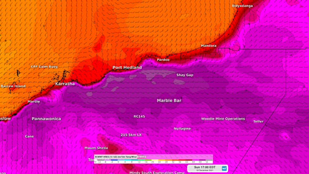 Port Hedland is forecast to reach 47ºC on Sunday.