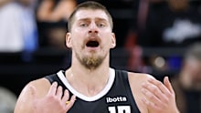 INGLEWOOD, CALIFORNIA - NOVEMBER 12: Nikola Jokic #15 of the Denver Nuggets reacts during a 130-116 Denver Nuggets win over the Los Angeles Clippers at Intuit Dome on November 12, 2025 in Inglewood, California. (Photo by Harry How/Getty Images)