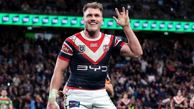 SYDNEY, AUSTRALIA - SEPTEMBER 05: Angus Crichton of the Roosters celebrates after scoring a try during the round 27 NRL match between the Sydney Roosters and South Sydney Rabbitohs at Allianz Stadium on September 05, 2025, in Sydney, Australia. (Photo by Cameron Spencer/Getty Images)