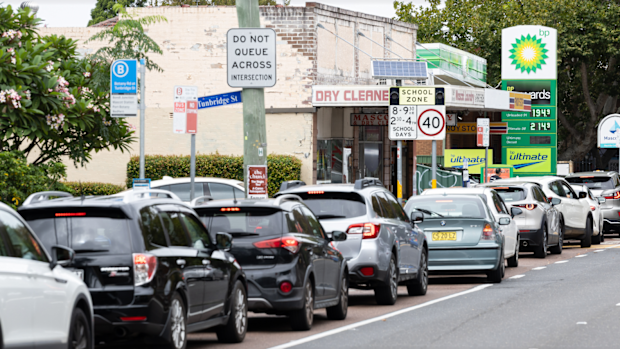 Long queues forming at BP petrol station at Mascot