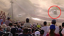 Oliver Solberg performs doughnuts in front of fans at Rally Portugal.
