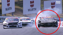 Ben Grice's car (circled) limps away after making contact with Joshua Anderson at Mount Panorama.