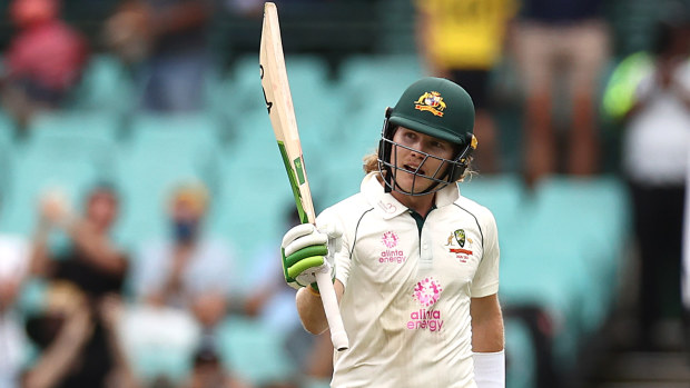 Will Pucovski of Australia celebrates after reaching his half century.