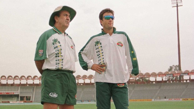Mark Waugh (right) and Bob Simpson in India in 1996.