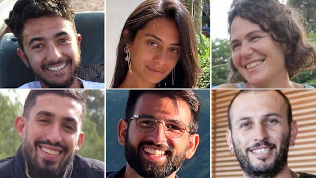 Israel's military says six hostages 'brutally murdered' in Gaza, and pictured from the top row, from left are the hostages: Hersh Goldberg-Polin, Eden Yerushalmi and Carmel Gat, Ori Danino, Almog Sarusi and Alex Lobanov.