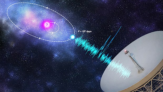 Artist's impression of an orbital modulation model where the FRB progenitor (blue) is in an orbit with a companion astrophysical object (pink). Credit: Kristi Mickaliger