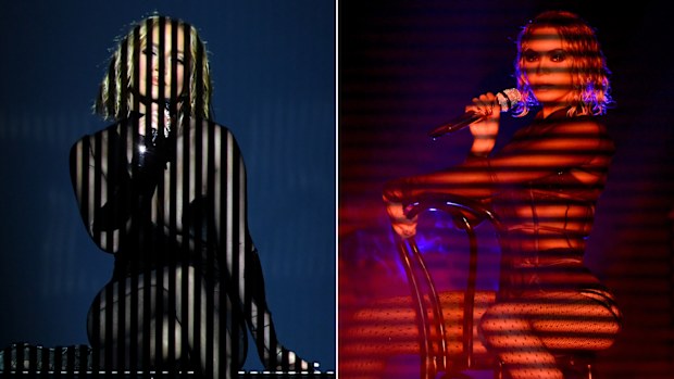 Jennifer Lopez's performance at the 2020 American Music Awards on the left is seen in comparison to Beyoncé's 2014 Grammys performance.