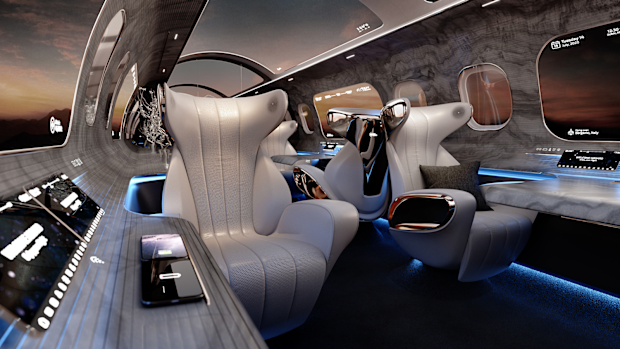 The Maverick Project is a futuristic cabin design from Rosen Aviation, incorporating virtual windows to create the airplane cabin of the future.