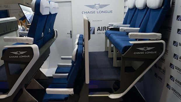 Aviation giant Airbus is "exploring some early stage concepts" based around Alejandro Núñez Vicente's Chaise Longue double-level airplane seat design. Pictured here, an early prototype of Chaise Longue on display in 2023.	