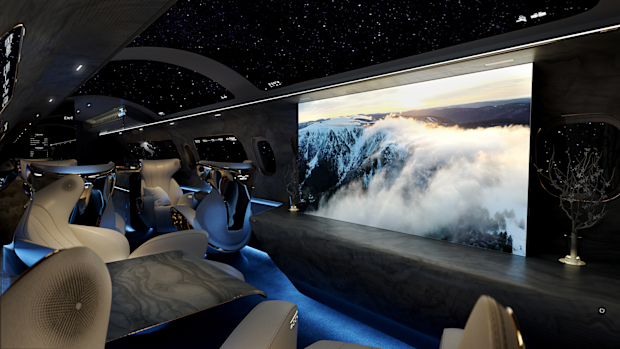 Rosen Aviation cabin design: The Maverick Project replaces traditional porthole cabin windows with virtual screens.