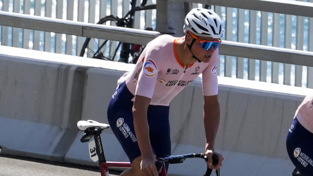 Mathieu van der Poel of the Netherlands rides across the Sea Cliff Bridge.