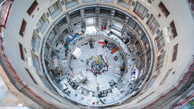 A view from the top of the tokamak chamber. The tokamak will ultimately weigh 23,000 tons, the combined weight of three Eiffel Towers.