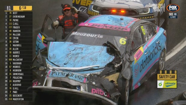 Angelo Mouzouris suffered a heavy crash at turn two during the first Super2 crash of the weekend.
