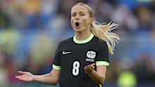 Kaitlyn Torpey of the Matildas reacts after a foul against Panama.