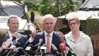 From left, Christopher Pyne, Malcolm Turnbull and Marise Payne visit Thales Defence Exports at Rydalmere at the Thales Australia plant this year. 
