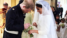 Meghan, the Duchess of Sussex, with Prince Harry, the Duke of Sussex, inside St George's Chapel at Windsor Castle on May 19, 2018, in Windsor.