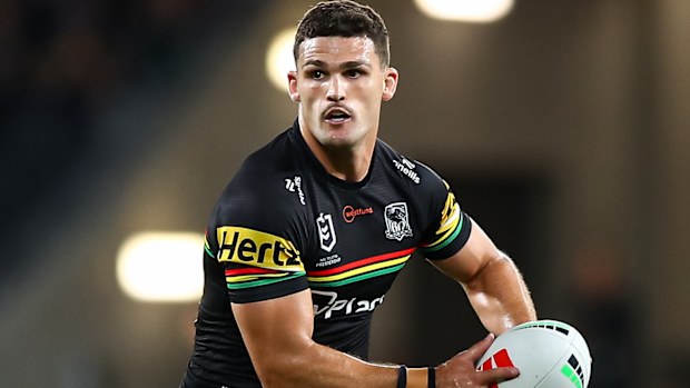 Nathan Cleary in action for the Penrith Panthers against the Melbourne Storm in round five of the 2026 NRL season.