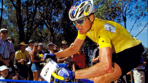 Cadel Evans of Australia in action during the Men's Cross Country Mountain Biking.