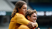 Jack Ginnivan and Nick Watson of the Hawks are seen before the 2024 AFL Round 03 match between the Hawthorn Hawks and the Geelong Cats at the Melbourne Cricket Ground on April 01, 2024 in Melbourne, Australia. (Photo by Dylan Burns/AFL Photos via Getty Images)