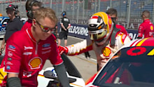 Dick Johnson Racing's Brodie Kostecki vomits inside his helmet while charging to pole position for the opening Supercars race at Albert Park.