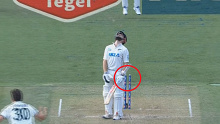 Pat Cummins knocks over Kane Williamson in the second Test.