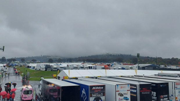 Mount Panorama disappearing under a blanket of fog during the Super2 race.