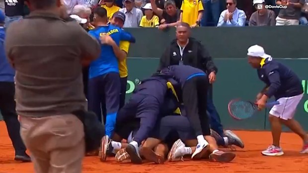 Ecuador celebrate after knokcing Australia out of the Davis Cup.