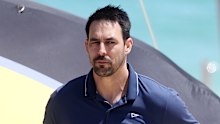 PERTH, AUSTRALIA - OCTOBER 15: Mitchell Johnson speaks to media about the T20 World Cup at Scarborough Beach on October 15, 2022 in Perth, Australia. (Photo by Faith Moran/GC Images)
