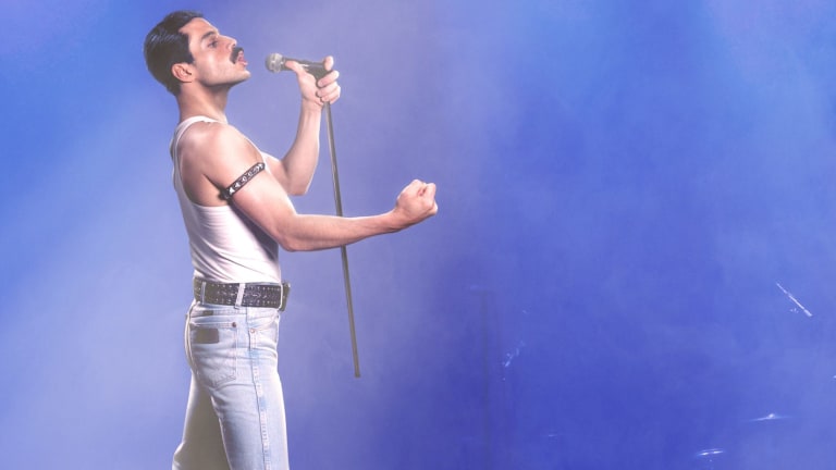 Rami Malek as the rock icon Freddie Mercury on stage at the Live Aid concert. 