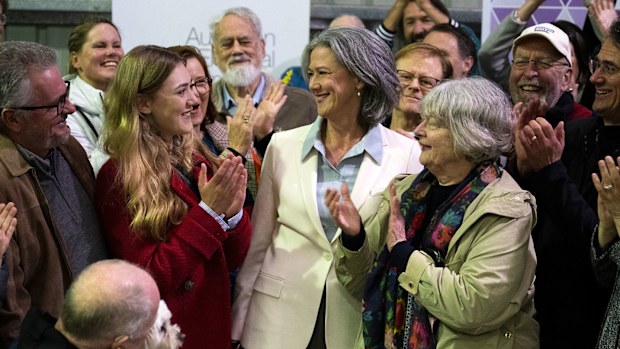 Teal independent Nicolette Boele with her supporters.