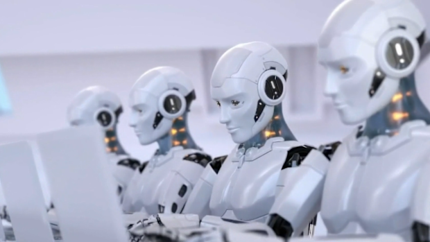 Robots typing on laptops