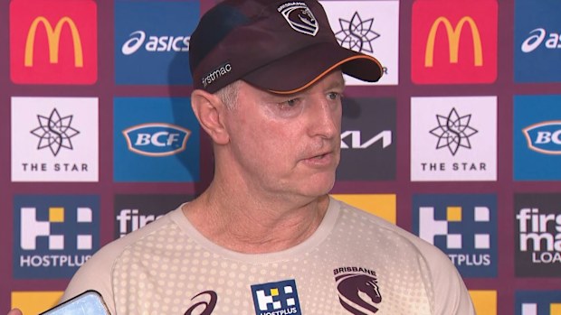 Broncos coach Michael Maguire speaks to media.