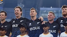 New Zealand players crack up over the anthem gaffe.