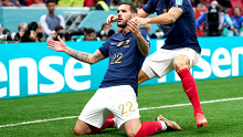 Theo Hernandez celebrates after scoring for France against Morocco. 