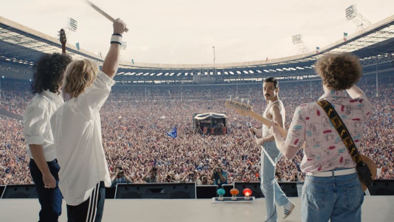 Gwilym Lee (Brian May), Ben Hardy (Roger Taylor), Rami Malek (Freddie Mercury), and Joe Mazzello (John Deacon) in the Queen biopic Bohemian Rhapsody.