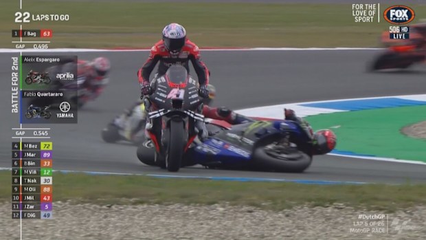 Fabio Quartararo crashes out and nearly takes Aleix Espargaro with him.