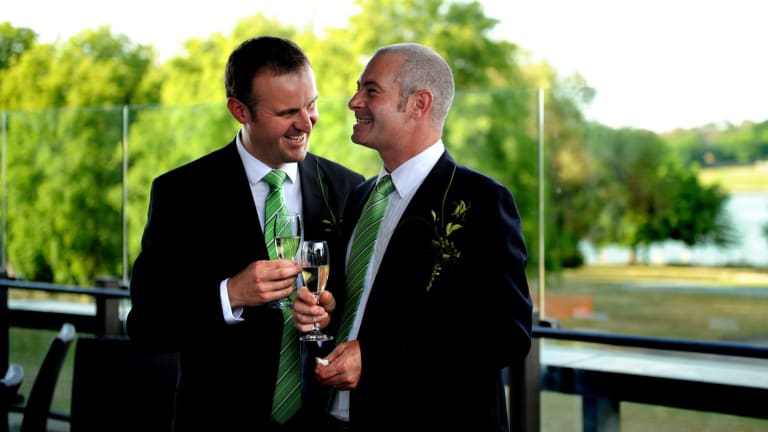 Andrew Barr and Anthony Toms celebrate their civil partnership at the National Library in 2009.