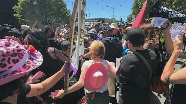 Victoria Police said they were "confronted" by "up to 50" protesters soon after the march started.